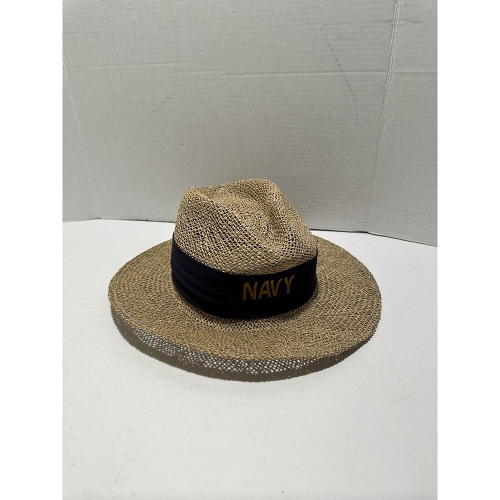 Straw Safari Wicker Hat Panama Unisex With Band Navy Written